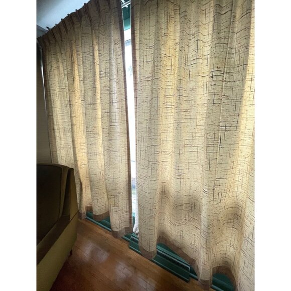 Vintage 1970s pleated curtain, beige brown blue geometric pattern, per panel - Picture 2 of 10